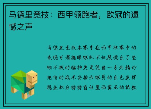 马德里竞技：西甲领跑者，欧冠的遗憾之声