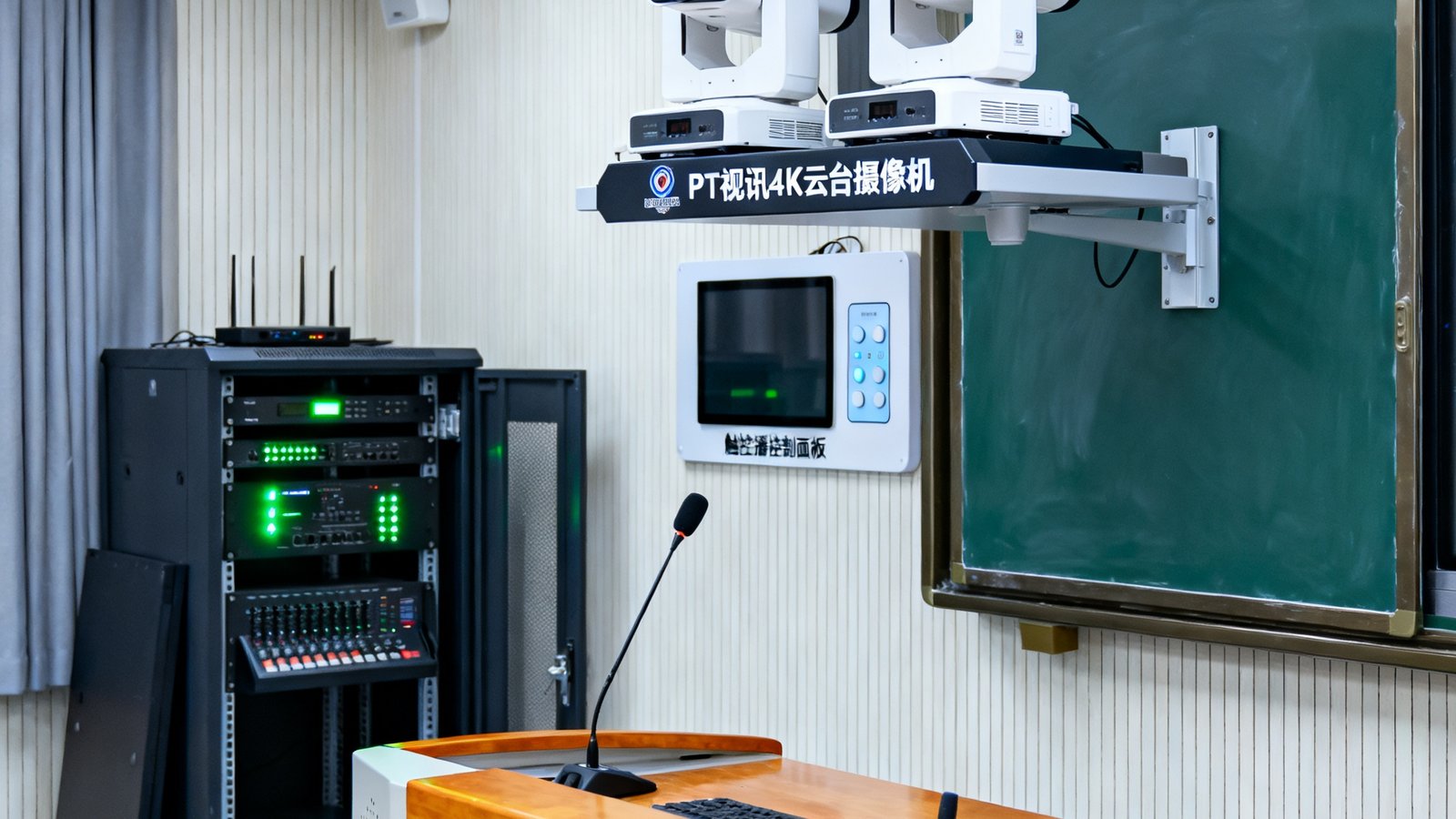 成都七中智慧录播教室内景，讲台上方安装有两台PT视讯4K云台摄像机，黑板旁嵌有触控录播控制面板，教室后方机柜中录播主机与音频处理器运行状态指示灯呈绿色常亮，整体环境整洁有序。