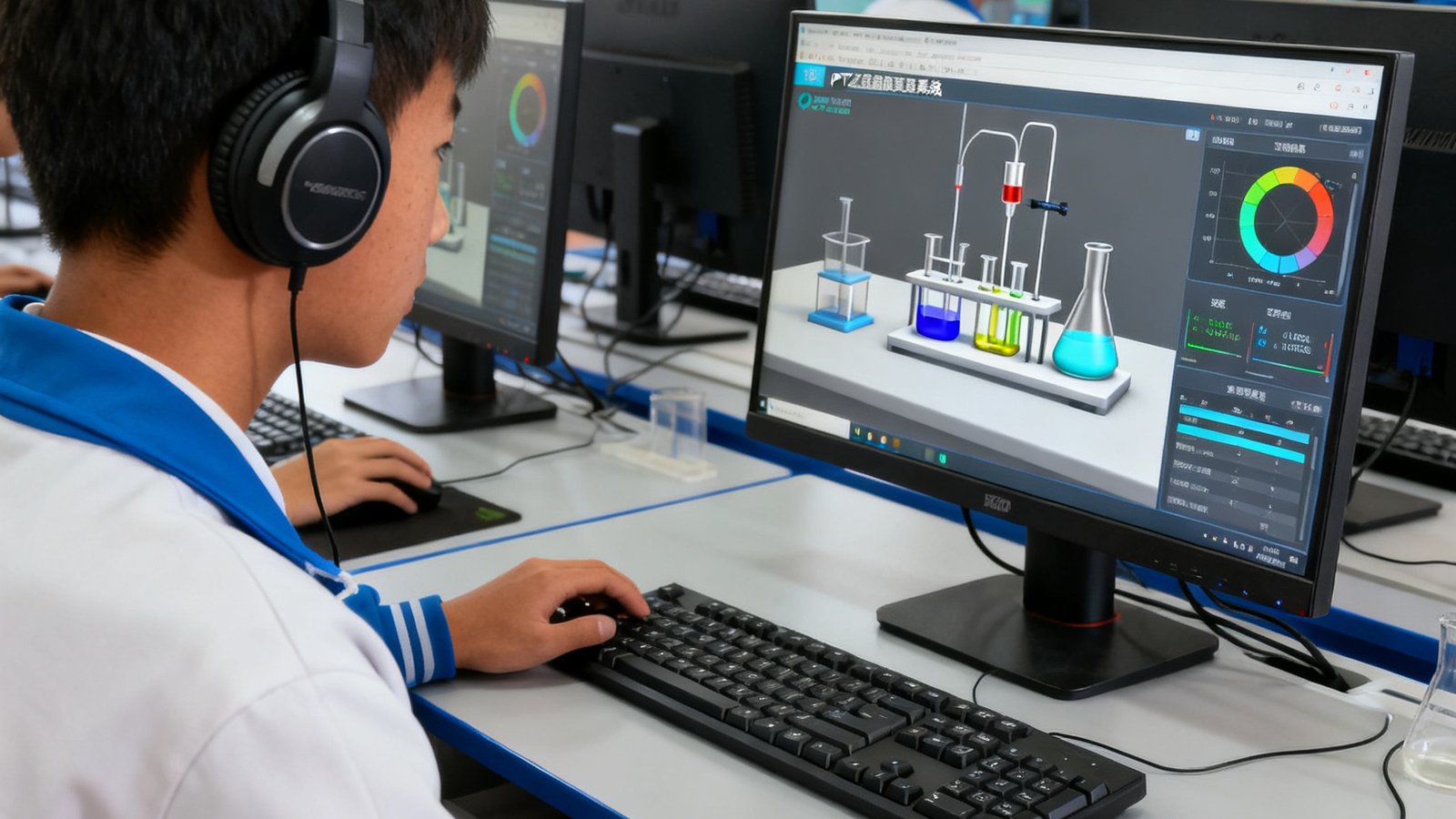 云南怒江傈僳族自治州泸水一中学生在计算机教室使用PT视讯虚拟仿真实验系统进行化学滴定实验操作，屏幕中显示三维实验器材与实时数据反馈，学生佩戴耳机专注操作鼠标与键盘。