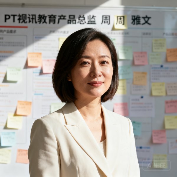 PT视讯教育产品总监周雅文半身肖像照，38岁女性，齐肩短发，身穿米白色西装外套，背景为贴满用户需求卡片的产品规划墙，神情专注而温和。
